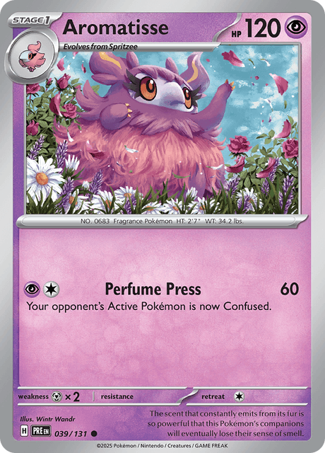 Pokémon trading card featuring Aromatisse from Scarlet & Violet Pristmatic Evolutions