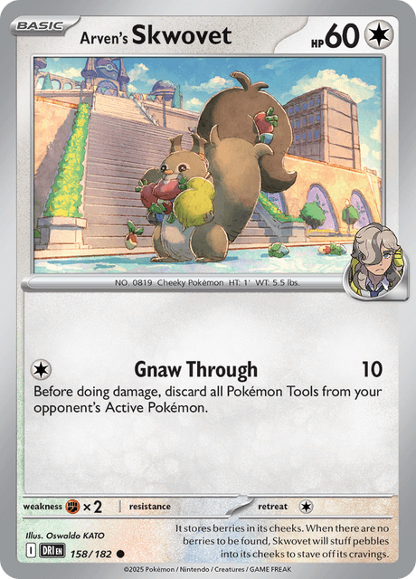 Pokémon trading card featuring Arven's Skwovet from Scarlet and Violet Destined Rivals