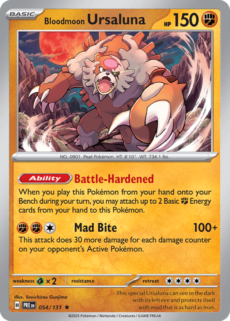 Pokémon trading card featuring Bloodmoon Ursaluna from Scarlet & Violet Pristmatic Evolutions