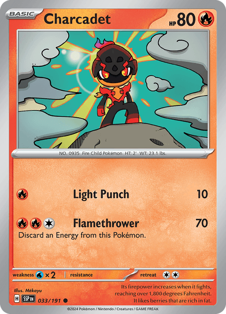 Pokémon trading card featuring Charcadet from Scarlet and Violet expansion Surging Sparks
