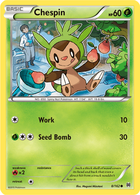Pokémon trading card featuring Chespin from XY expansion BREAKthrough