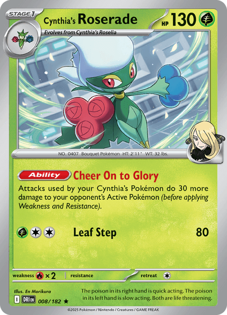 Pokémon trading card featuring Cynthia's Roserade from Scarlet and Violet Destined Rivals