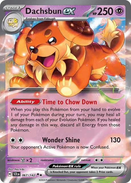 Pokémon trading card featuring Dachsbun EX from Scarlet and Violet Stellar Crown
