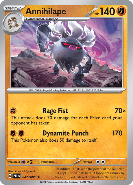 Pokémon trading card featuring annihilape 047/091 from Scarlet & Violet Paldean Fates