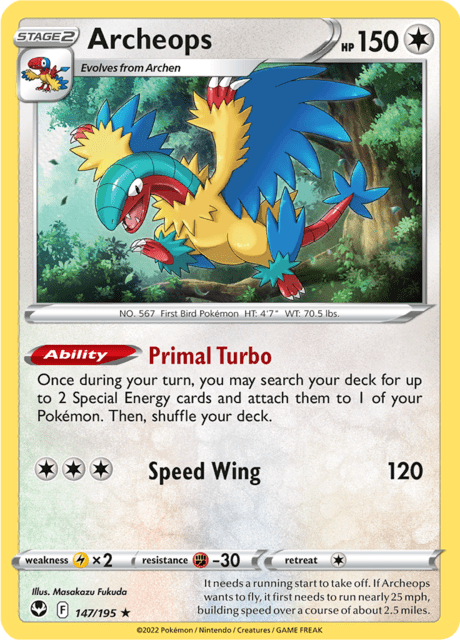 Pokémon trading card featuring archeops 147/195 from Sword & Shield silver tempest