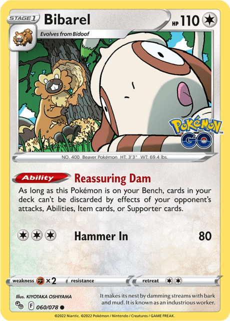 Pokémon trading card featuring bibarel 060/078 from Sword & Shield Pokémon GO