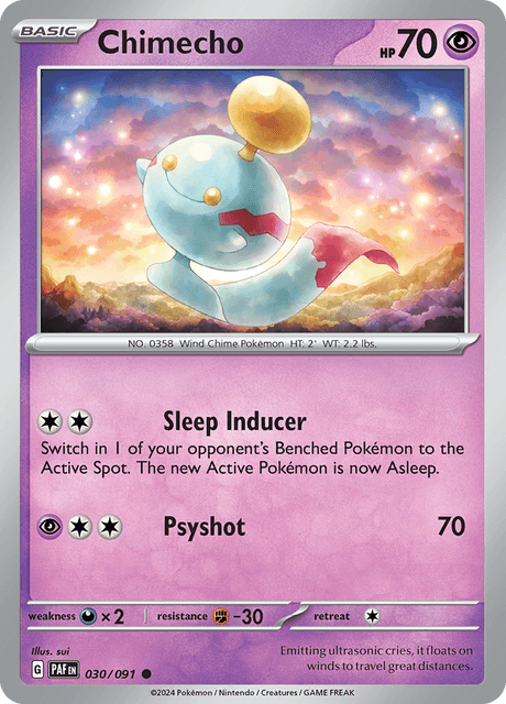 Pokémon trading card featuring chimecho 030/091 from Scarlet & Violet Paldean Fates
