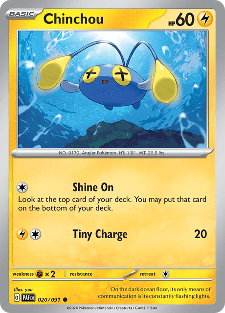 Pokémon trading card featuring chinchou 020/091 from Scarlet & Violet Paldean Fates