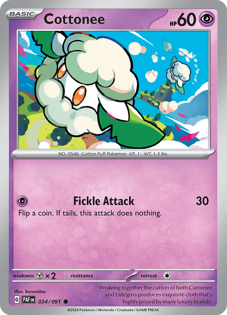 Pokémon trading card featuring cottonee 034/091 from Scarlet & Violet Paldean Fates